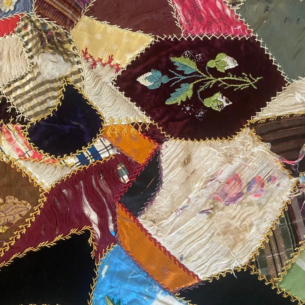 Antique Victorian Crazy Quilt Hand Embroidered Silk Velvet Patchwork Red Damaged